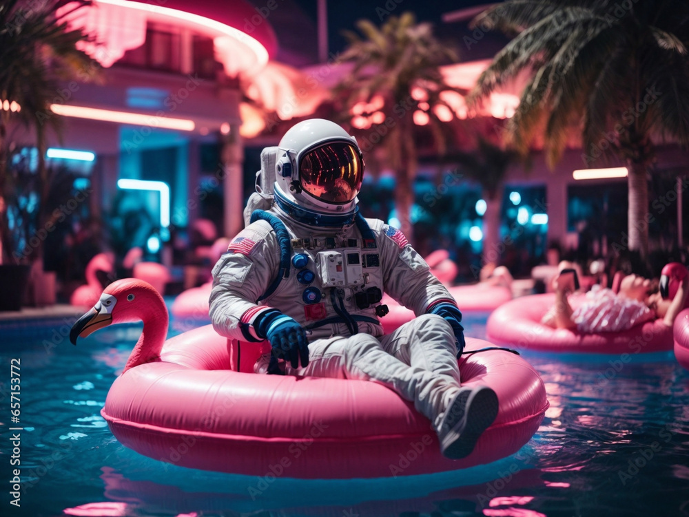 Wall mural astronaut on a float in the middle of the pool party