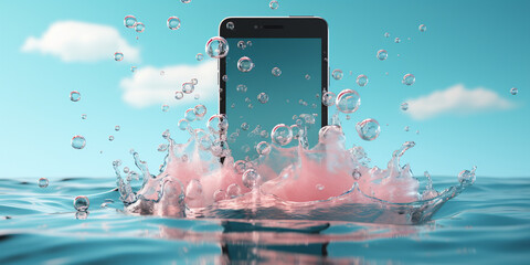 Floating smartphone screen with bubbles 3d render - obrazy, fototapety, plakaty