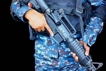 close up A unit of military commandos in uniforms carrying SK guns as their personal weapons is...