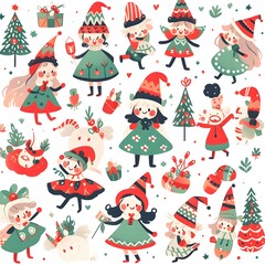 set of Christmas doodle cute girls water color style vector illustration