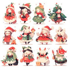 set of Christmas doodle cute girls water color style vector illustration