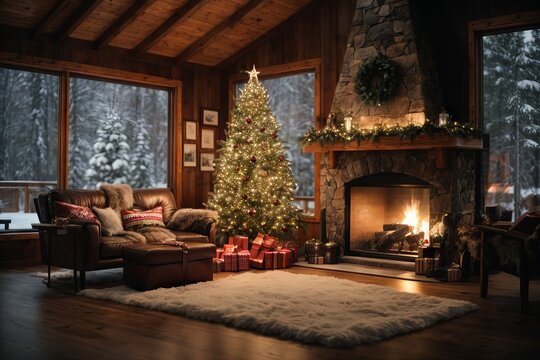 Cozy house in the forest in winter. New Year's interior with fireplace, Christmas tree, gift boxes on the floor with carpet