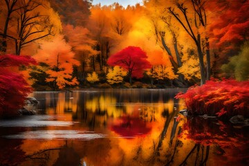 A serene pond surrounded by trees adorned with vibrant red, orange, and yellow foliage. Ultra-high quality