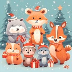 set of Christmas doodle cute cartoon style illustration