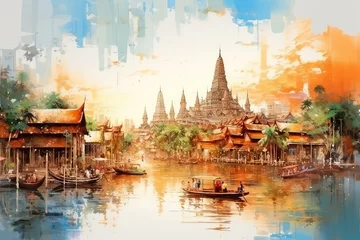 Foto op Canvas oil painting on canvas, Wat Arun Temple at sunset landmark of Bangkok, Thailand (ai generated) © ImagineDesign