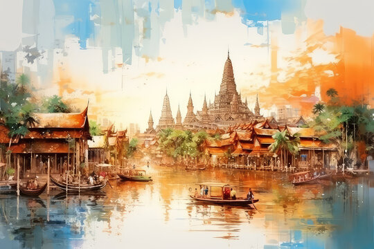oil painting on canvas, Wat Arun Temple at sunset landmark of Bangkok, Thailand (ai generated)