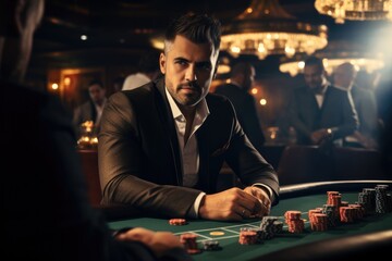 Man in suit playing poker at casino. - obrazy, fototapety, plakaty