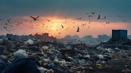 Birds fly over a city garbage dump.