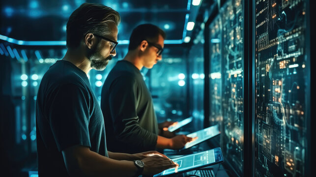 IT Engineer man working diagnostics or doing maintenance in server room.