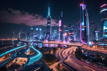Fototapeta na wymiar Neon mega city capital towers with futuristic technology background, future modern building virtual reality, night life style concept. Generative AI