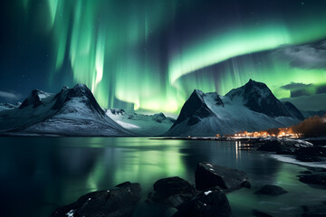 Aurora borealis over the sea, snowy mountains and city lights at night. Northern lights in Lofoten islands, Norway. Starry sky with polar lights.	