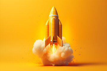 Toy yellow space shuttle or rocket on yellow background. Minimalism, conceptual pop, fresh idea or startup	 - obrazy, fototapety, plakaty