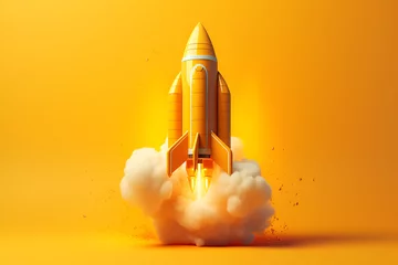 Foto op Canvas Toy yellow space shuttle or rocket on yellow background. Minimalism, conceptual pop, fresh idea or startup  © olyphotostories