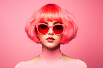 Fashion portrait of a beautiful pink - haired woman with a bob hairstyle and fashionable sunglasses