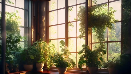 Zelfklevend Fotobehang A window with lots of lush house plants © Laksika
