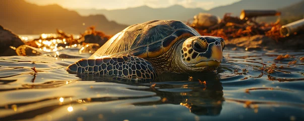 Fotobehang Exotic Sea Turtle Underwater, Tranquil Marine Life in a Tropical, aquatic animal sea turtle swimming near the water surface,  Endangered Sea in Its Natural Habitat - Marine Conservation © ruslee