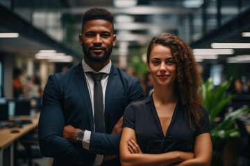 Two entrepreneurs, One male and one black female are standing side by side in an office space.