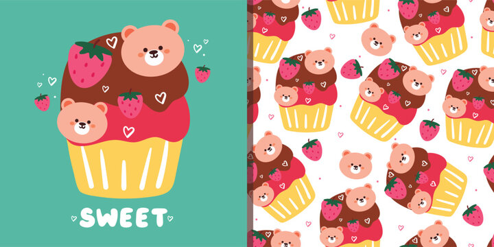 seamless pattern and vector illustration greeting card cartoon dessert design with bear. cute card and wallpaper for gift wrap paper