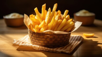 French fries on wooden table in the restaurant