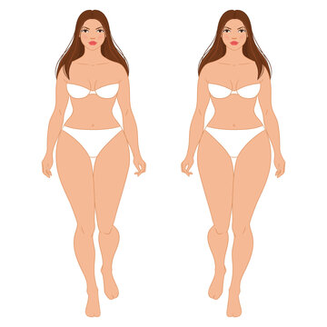 Plus size female fashion figure walking, vector template. Beautiful curvy woman body vector illustration. Female colored croquis with face and hair. 