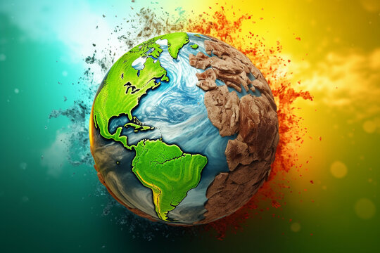 Planet earth with cracked dry land and green land.Concept of climate change, environment greenhouse conditions , global warming, air pollution problems. 
