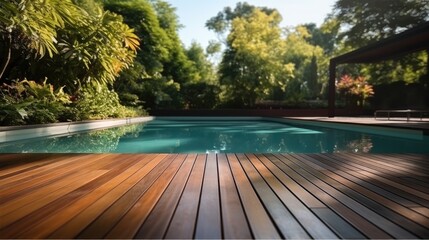 Swimming pool in garden, Wooden floor swimming pool in backyard. - obrazy, fototapety, plakaty