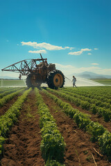 Fototapeta premium A man standing in a field with a sprinkle of water. Agriculture land.