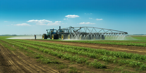 Fototapeta premium A man standing in a field with a sprinkle of water. Agriculture land.