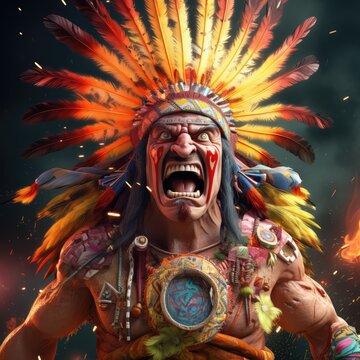 Une caricature d'un chef guerrier Indien d'Am&eacute;rique du Nord, l'air agressif, criant, rendu 3D.