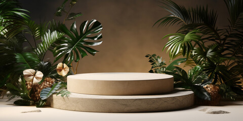 beige round podium decorated with green garden plants,display for cosmetic .Empty showcase for product presentation
