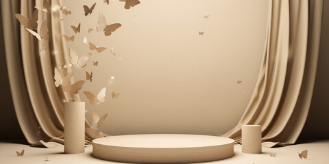 beige round podium decorated with flying butterflys,display for cosmetic .Empty showcase for product presentation
