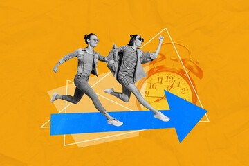 Creative composite illustration photo collage of active fast girls running shopping on season sale isolated on orange color background