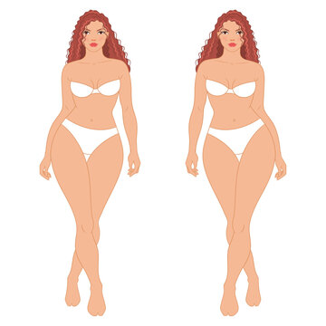 Plus size female fashion figure walking, vector template. Beautiful curvy woman body vector illustration. Female colored croquis with face and ginger hair. 