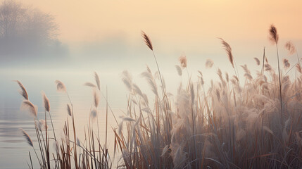 Beautiful serene nature scene with river reeds fog and water - Powered by Adobe