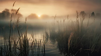 Schilderijen op glas Beautiful serene nature scene with river reeds fog and water © Ziyan Yang