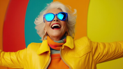 Radiant Senior in Yellow: A Joyous Elderly Woman, Donning a Bright Yellow Ensemble and Stylish Sunglasses, Sharing Laughter and Enjoying a Vibrant Studio Setting.