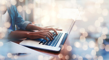 Closeup, hands and laptop in mock up for bokeh, overlay and banner for digital marketing, website...