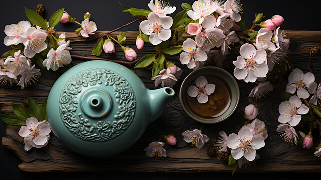 blue tea teapot with flowers