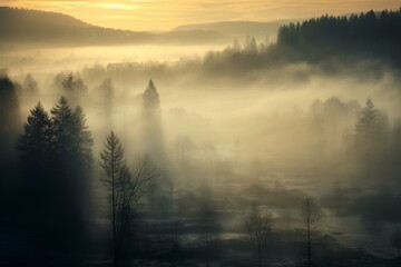 Atmospheric morning with fog, evoking emotions of mourning and condolences. Generative AI - obrazy, fototapety, plakaty