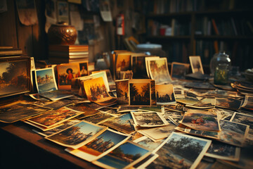 A table topped with lots of pictures and cards - obrazy, fototapety, plakaty