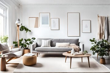 modern living room with minimalist furniture, Imagine a Scandinavian living room featuring a plush gray armchair placed thoughtfully against an empty white wall