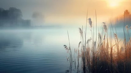 Poster Beautiful serene nature scene with river reeds fog and water © Ziyan Yang