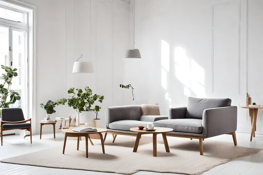  Scandinavian elegent living room , Imagine a Scandinavian living room featuring a plush gray armchair placed thoughtfully against an empty white wall