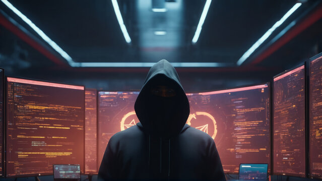 A hacker wearing a hoodie, surrounded by technology. Face in shadow. Anonymous. Cybersecurity concept. Network security. Server data breach. Author of malware and cryptolockers. The bad guy. Shadowy