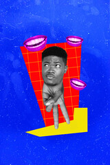 Poster collage retro picture of strange man weird body legs listen negative comment people opinion...