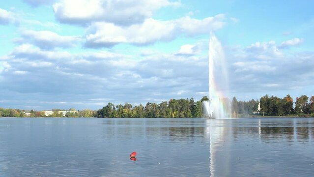 Landmark Centennial Fountain with rainbow in Little Lake, Peterborough, Ontario, Canada