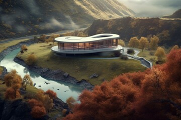 A house surrounded by beautiful landscapes. Generative AI