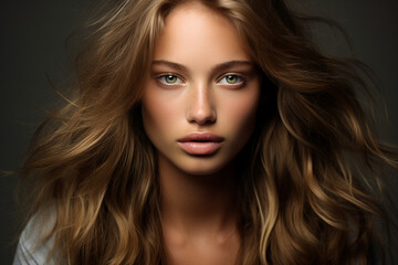 Fototapeta premium Generative Ai portrait of young pretty woman natural beauty brown volume hairstyle on background