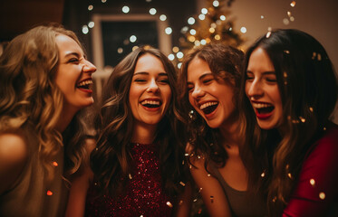Group of girlfriends at a Christmas party having fun and celebrating Christmas. Portrait of laughing friends enjoying xmas lights at new year party happy - obrazy, fototapety, plakaty