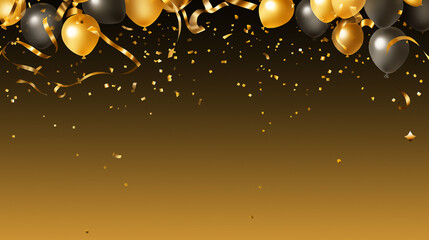 Confetti and balloons in gold and black. Copy space, generative ai